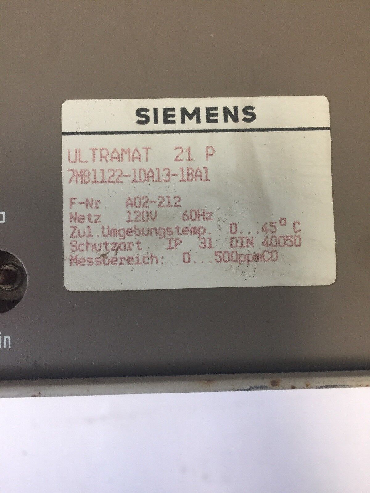 SIEMENS 7MB1122-1DA13-1BA1 ULTRAMAT 21P CO GAS ANALYZER