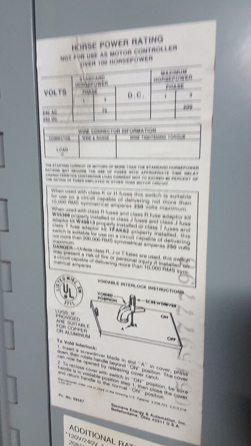 SIEMENS/ITE VMS326T 600 Amp 240 Volt 3 Phase Switch