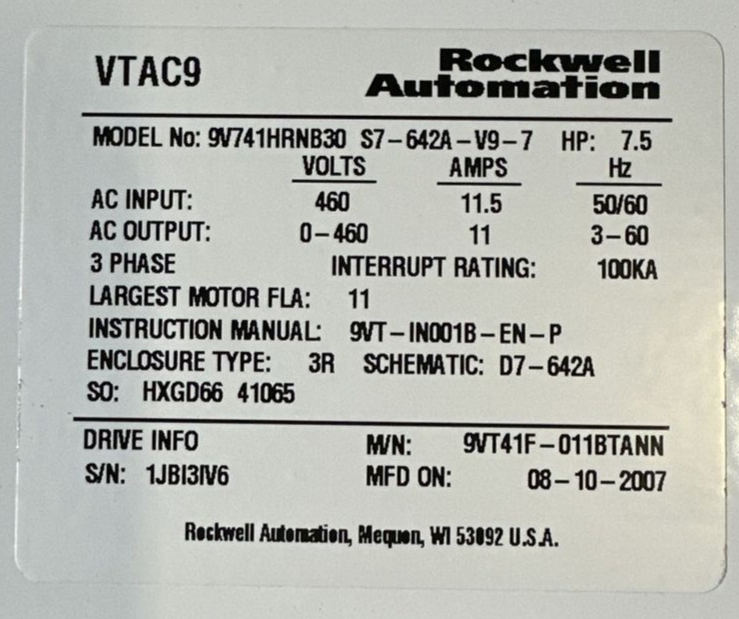 ROCKWELL AUTOMATION VTAC 9 HVAC DRIVE 9V741HRNB30 S7-642A-V9-10 460VAC 7.5HP 3PH