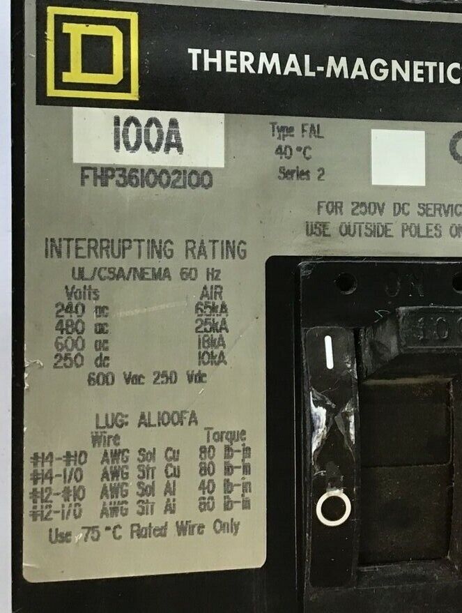 SQUARE D FHP361002100 CIRCUIT BREAKER 100A 600VAC 250VDC