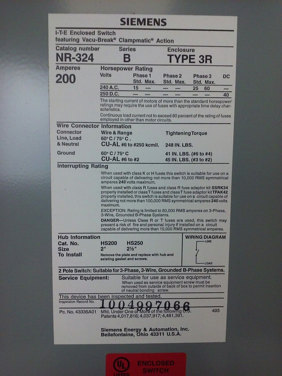 SIEMENS NR243, SER. B, GENERAL DUTY ENCLOSED SWITCH,2P, 200A, 240V, TYPE 3R, NEW