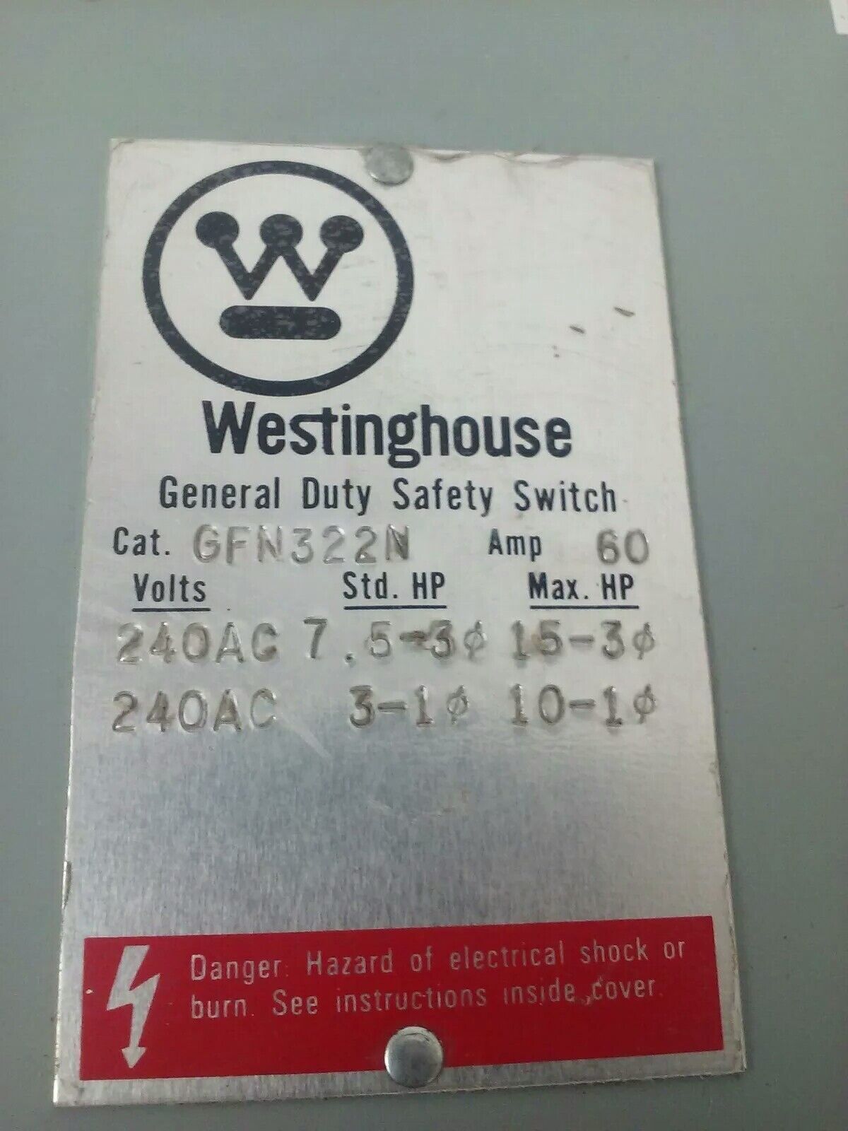WESTINGHOUSE GFN322N FUSIBLE SAFETY SWITCH 2P 60A 240V 15HP TYPE 1 INDOOR