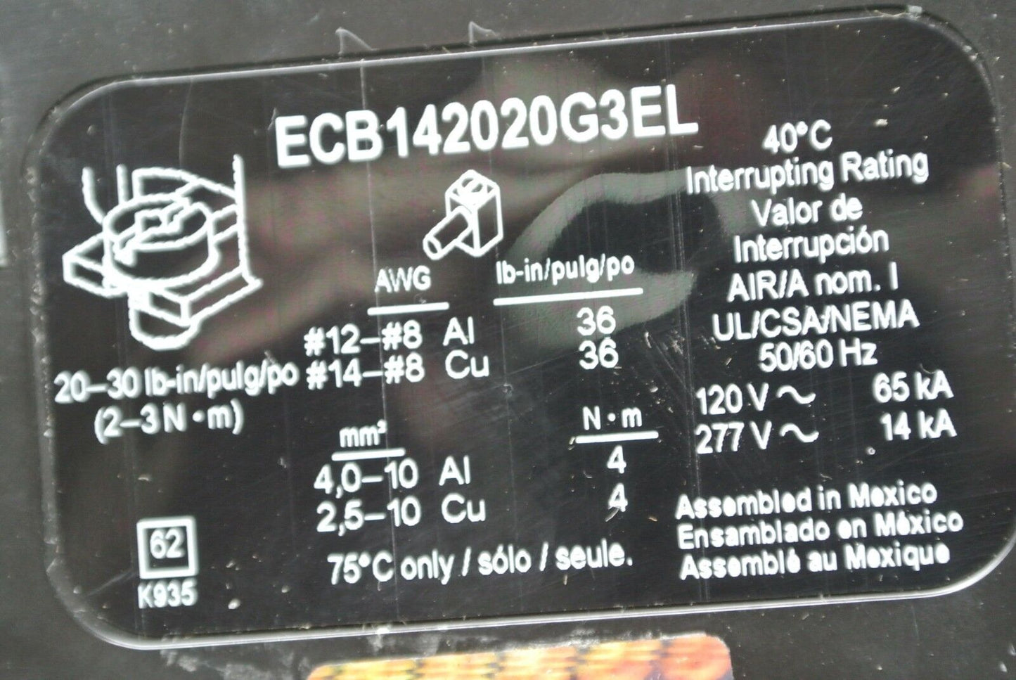SQUARE D ECB142020G3EL POWERLINK CIRCUIT BREAKER 20A - 120V ~ 65kA, 277V ~ 14kA