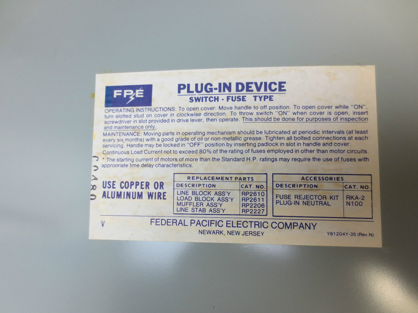FEDERAL PACIFIC FPE SP1336 FUSIBLE BUS PLUG BUS SWITCH 30A 600VAC 3-POLE - NEW