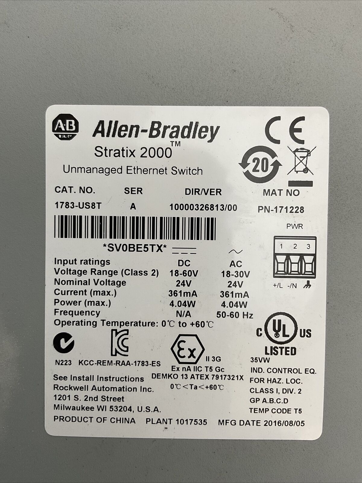 ALLEN BRADLEY 1783-US8T SER A DIR/VER 10000326813/00 UNMANAGED ETHERNET SWITCH