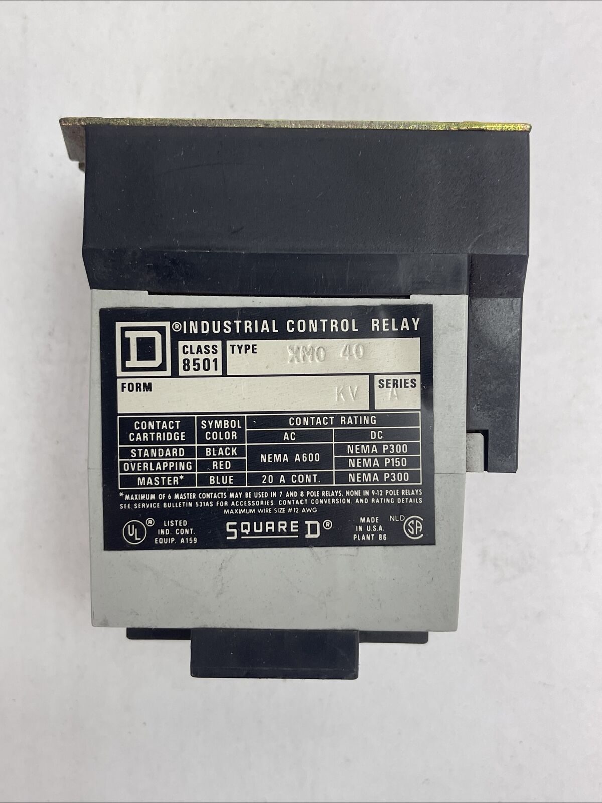 SQUARE D 8501 XM040 INDUSTRIAL CONTROL RELAY FORM KV SER A COIL 120V 60HZ