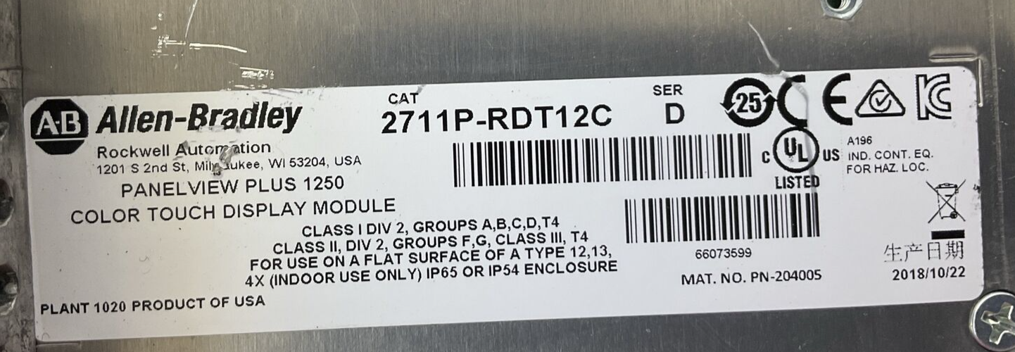 ALLEN BRADLEY 2711P-T12C4D8 SER A PANELVIEW PLUS 2711P-RDT12C 2711P-RP8D 24VDC
