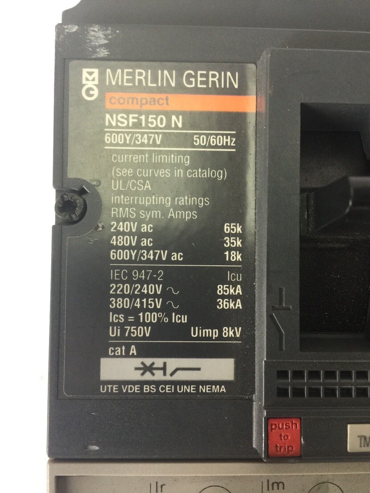MERLIN GERIN NSF150N CIRCUIT BREAKER 100A 600Y/347V 50/60HZ 3 POLE