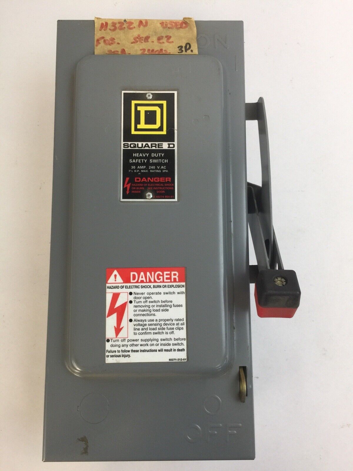 SQUARE D H321 FUSIBLE SAFETY SWITCH SER E2 30A 240VAC 7.5HP 3PH TYPE 1 ENCLOSURE