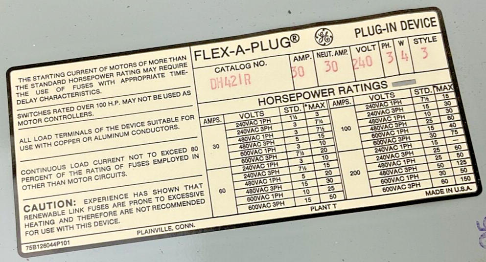GENERAL ELECTRIC DH421R FUSIBLE BUS PLUG 30A 240VAC 30A 4W 3P STYLE 3 FLEXAPLUG