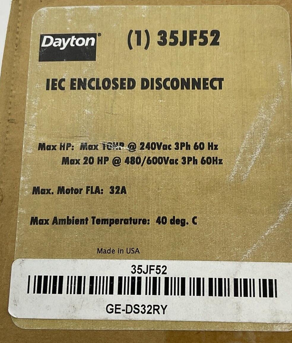 DAYTON 35JF52 IEC ENCLOSED DISCONNECT 20HP 600VAC 3PH 60HZ 32A