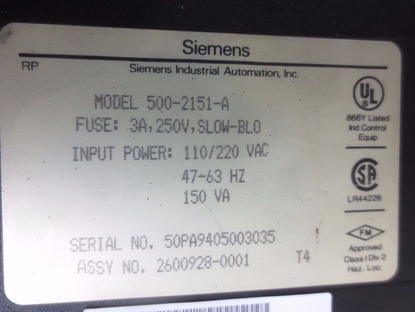 SIEMENS 500-2151-A POWER SUPPLY - 110/220VAC, 47-63Hz, 150VA - FUSE 3A, 250V