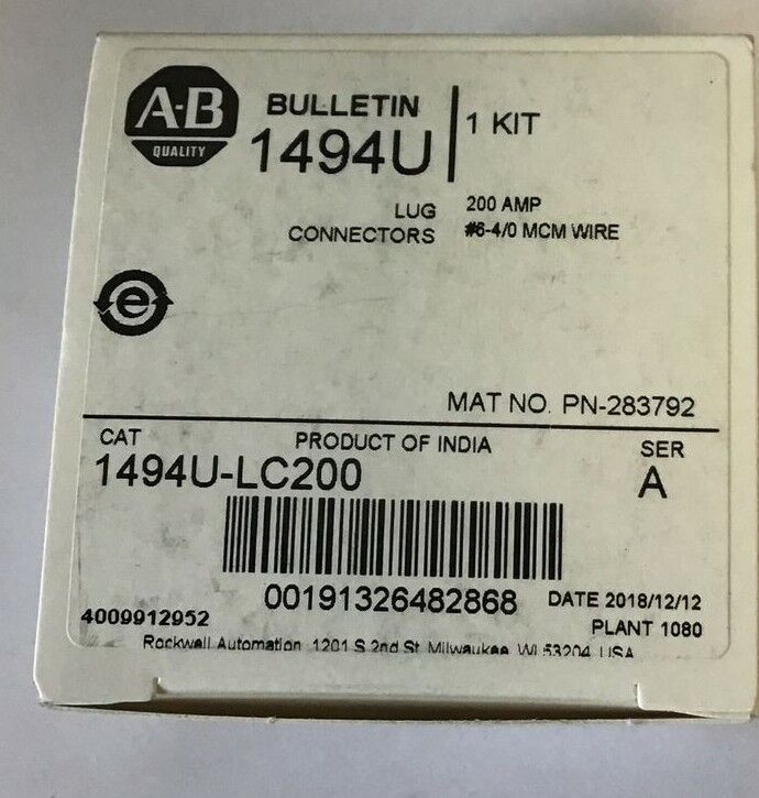 ALLEN BRADLEY 1494U-LC200 LUG CONNECTORS KIT 200AMP SER.A