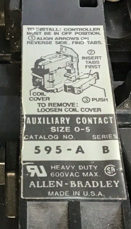 ALLEN BRADLEY 509-B0D SIZE 1 STARTER 600VAC 27AMP 10HP W26 HEATERS 120V COIL