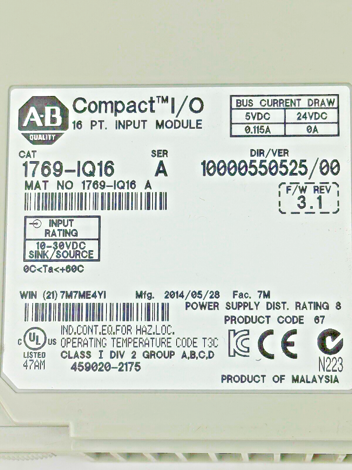 ALLEN-BRADLEY - 1769-IQ16 SER. A, F/W REV 3.1, DIR/VER 10000550525/00 - 16 PT.