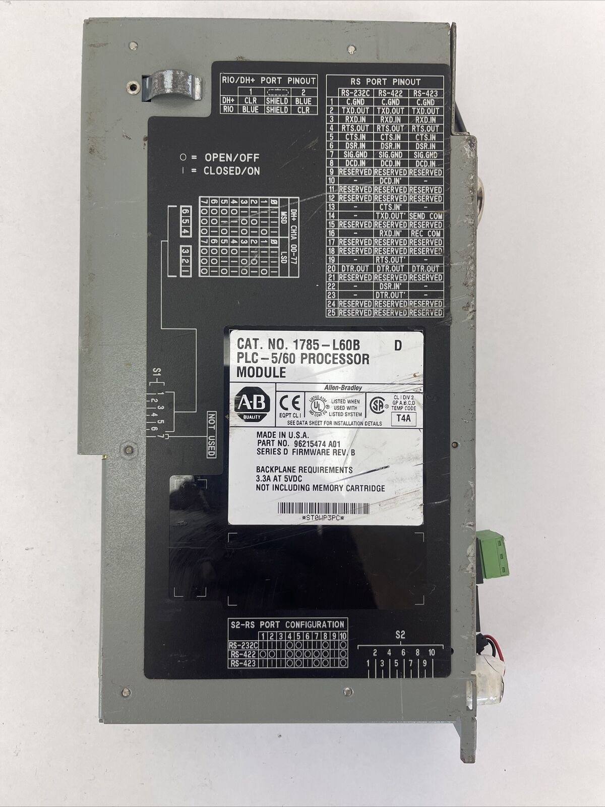 ALLEN BRADLEY 1785-L60B PLC 5/60 PROCESSOR MODULE SER D FIRMWARE REV B 5VDC 3.3A