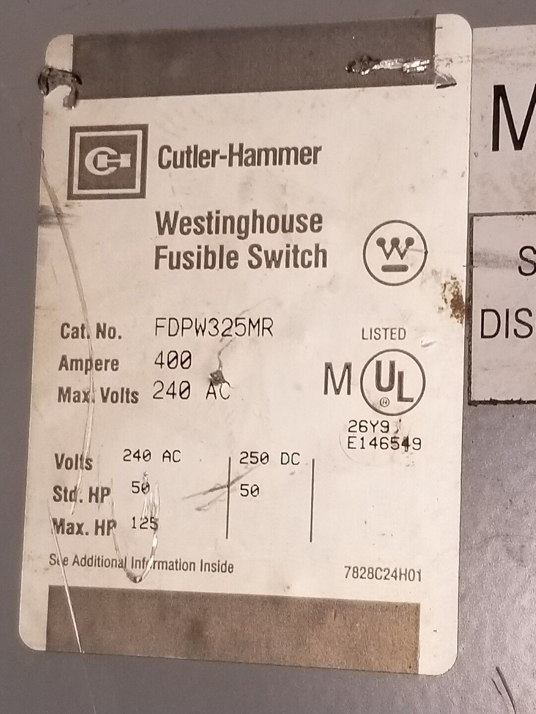 WESTINGHOUSE FDPW325MR 400 AMP 240 VOLT FUSIBLE SWITCH, 50 H.P., USED