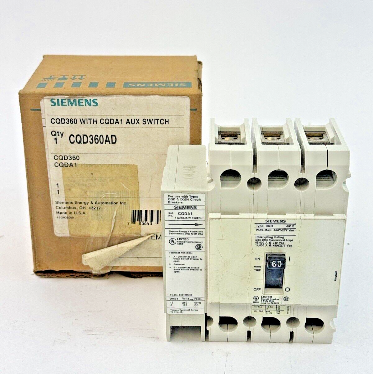 SIEMENS - CQD360AD - BREAKER (CQD360 W/ CQDA1 AUX SWITCH) - 3 POLE/60A/480 VAC