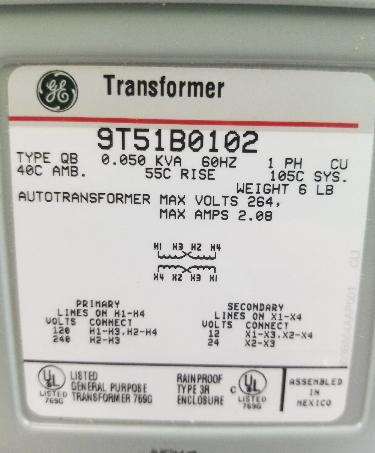 New GE 9T51B0102 Buck Boost Transformer GT1095 - 120x240V, 0.050 kVA