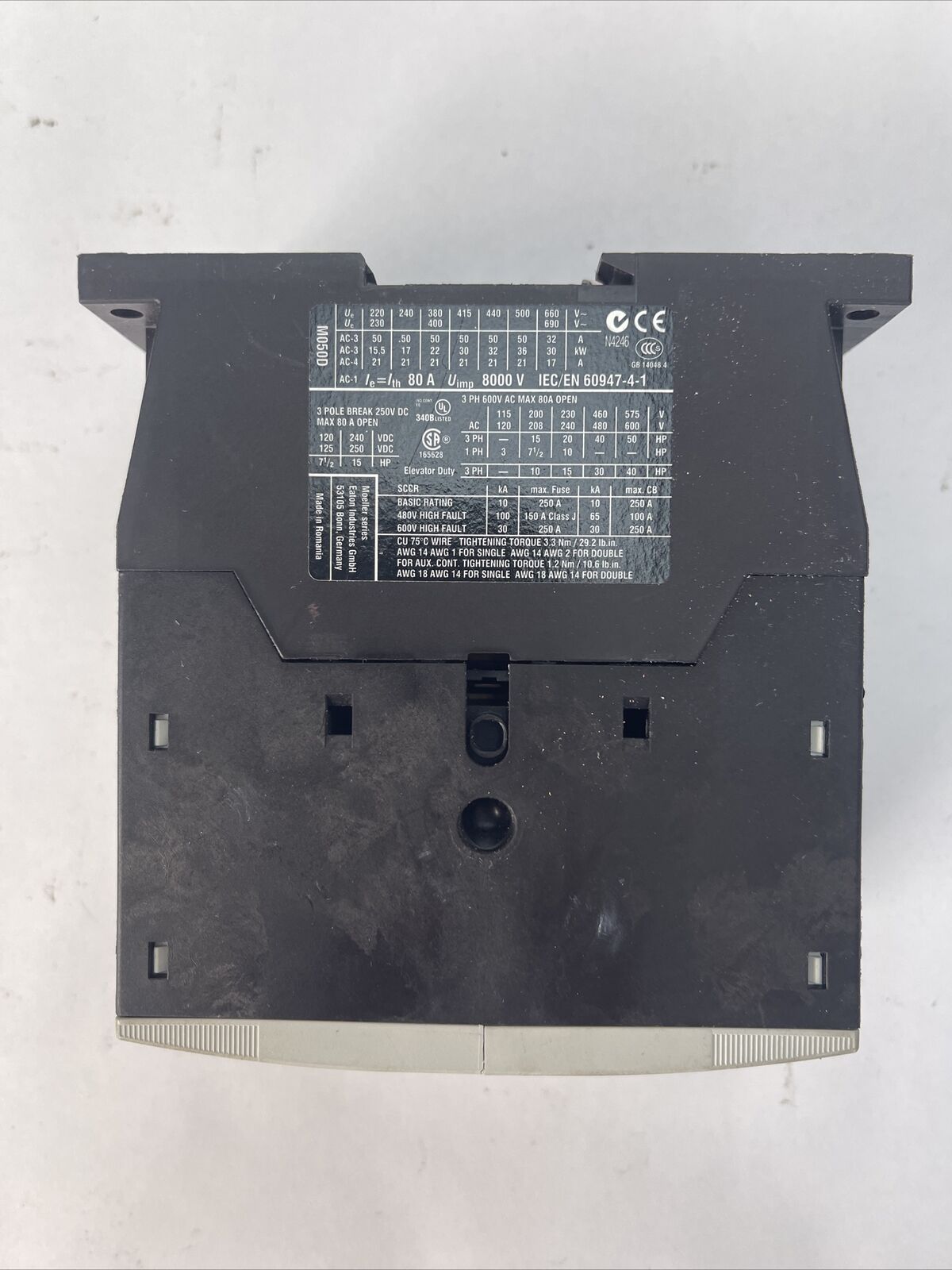 EATON DIL M50 XTCE050D CONTACTOR 600VAC 50HP 80AMP 250VDC 15HP 80AMP 3P COIL 24V