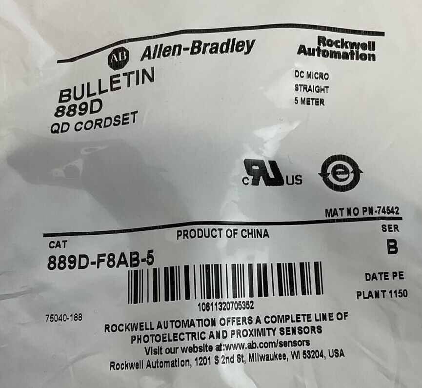 ALLEN BRADLEY 889D-F8AB-5 QD CORDSET 5 METER DC MICRO STRAIGHT SER.B