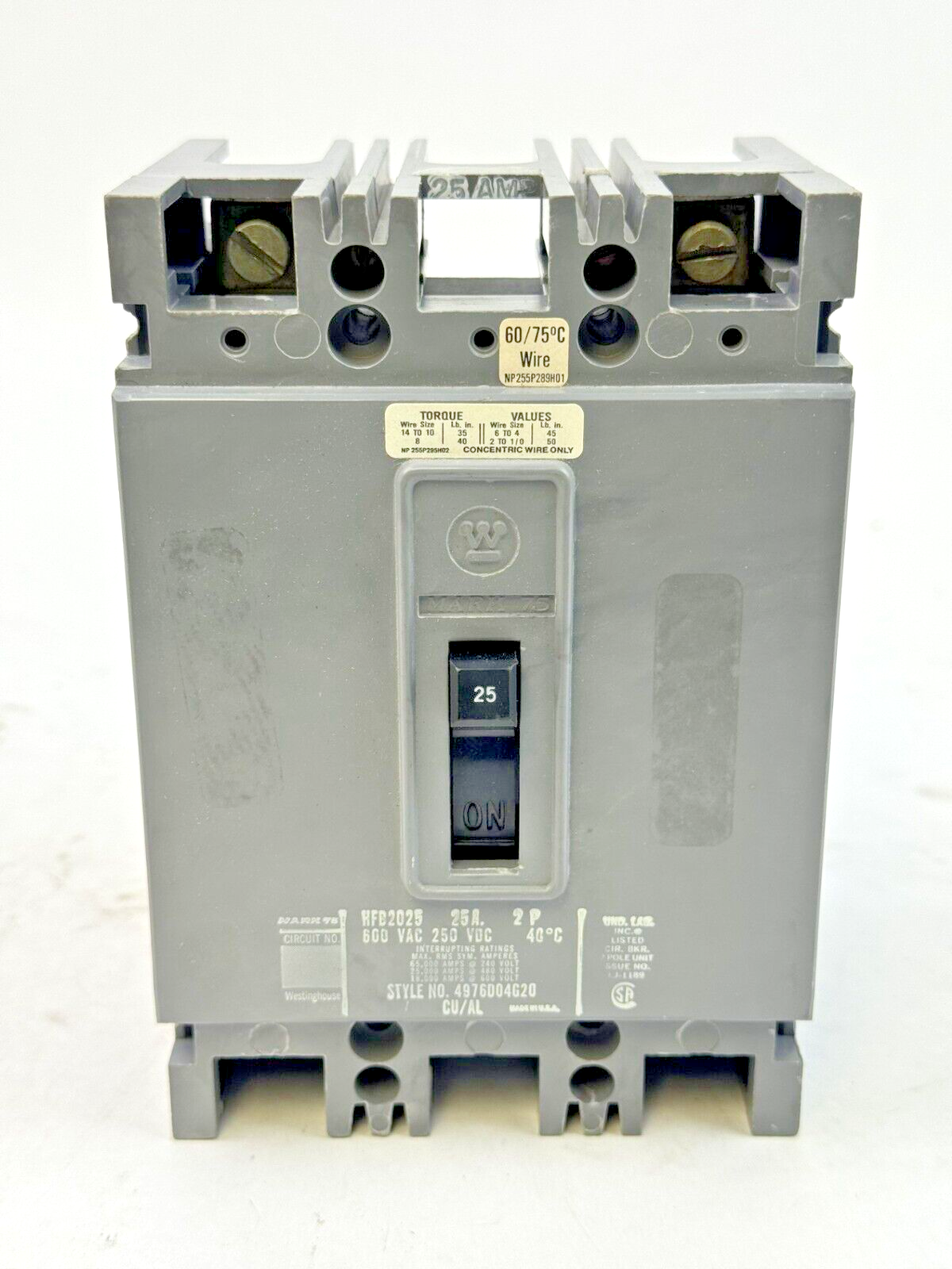 WESTINGHOUSE - HFB2025 LCKT - THERMAL MAG CIRCUIT BREAKER - 2 POLE/ 25A/ 600 VAC