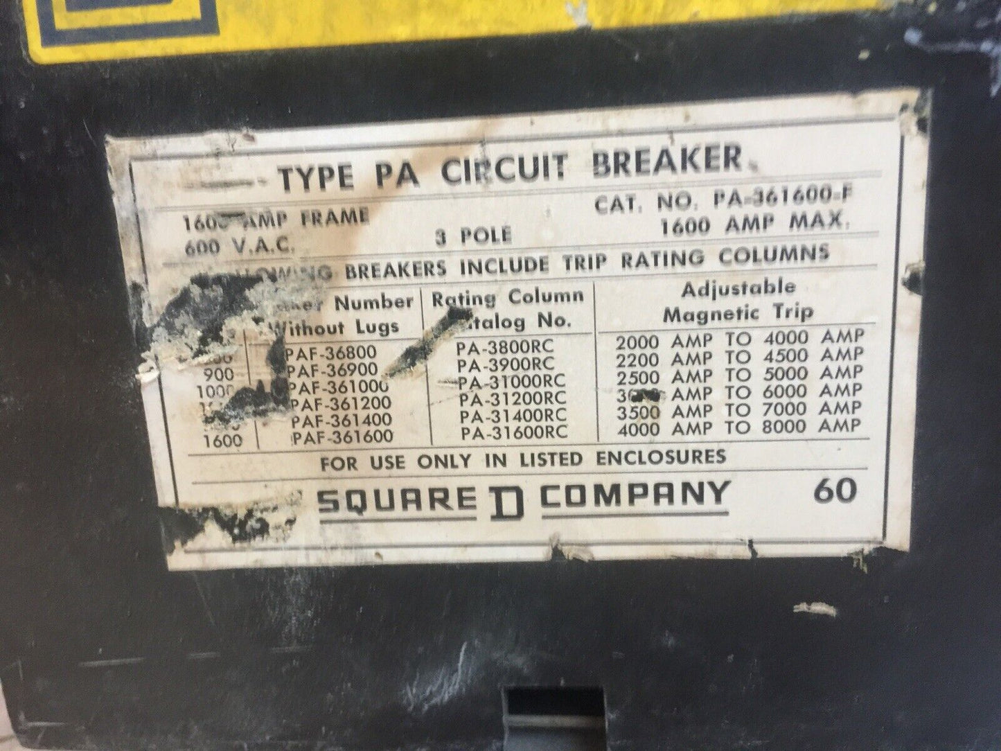 SQUARE D PA-361600-F CIRCUIT BREAKER 1600A 600VAC
