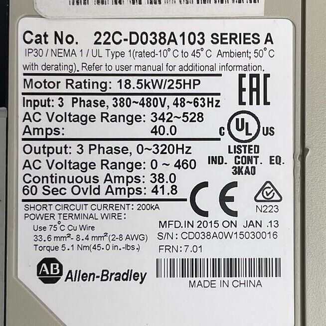 ALLEN BRADLEY 22C-D038A103 SER A FRN 7.01 AC DRIVE OUTPUT 0-460VAC 18.5kW/25HP