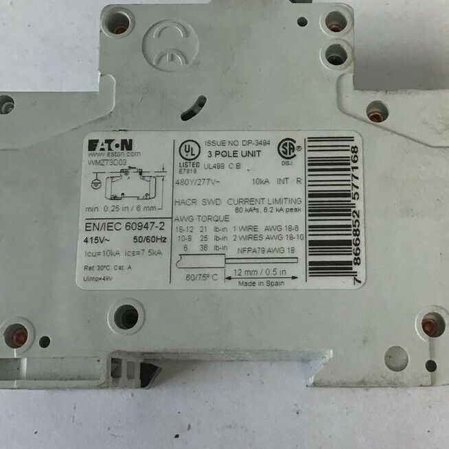 EATON WMZT3D03 CIRCUIT BREAKER 3A 480Y/277VAC 10KA 3 POLE 50/60HZ