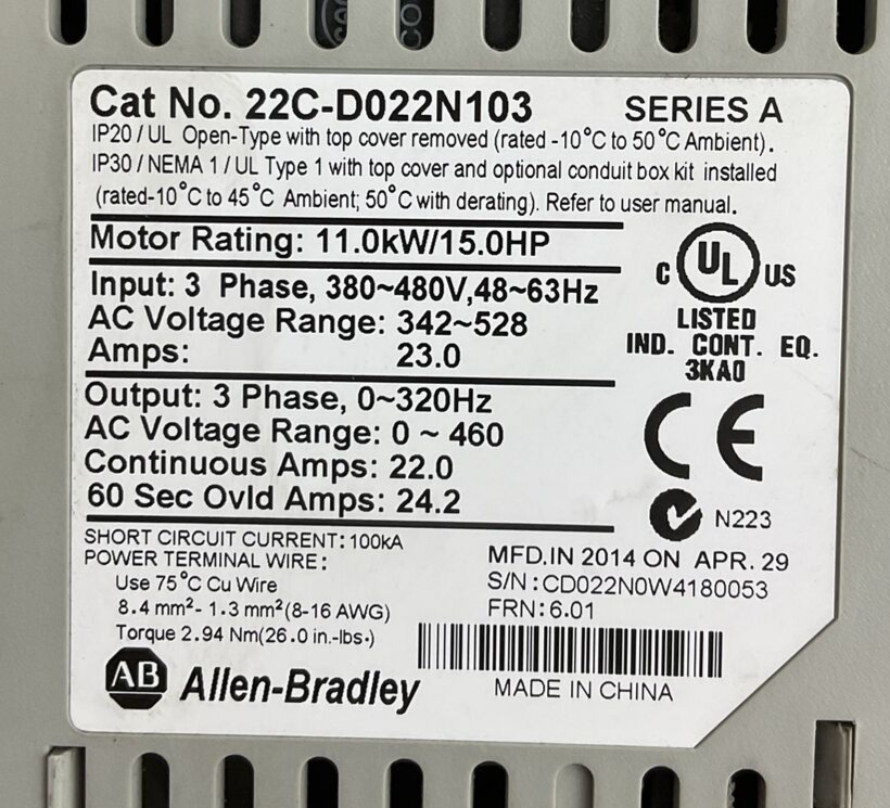 ALLEN BRADLEY 22C-D022N103 AC DRIVE SER A FRN 6.01 OUTPUT 0-460VAC