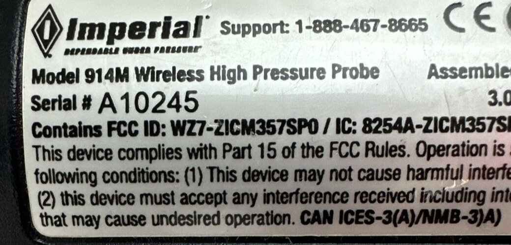 IMPERIAL MODEL 914M WIRELESS HIGH PRESSURE PROBE 3.0VDC
