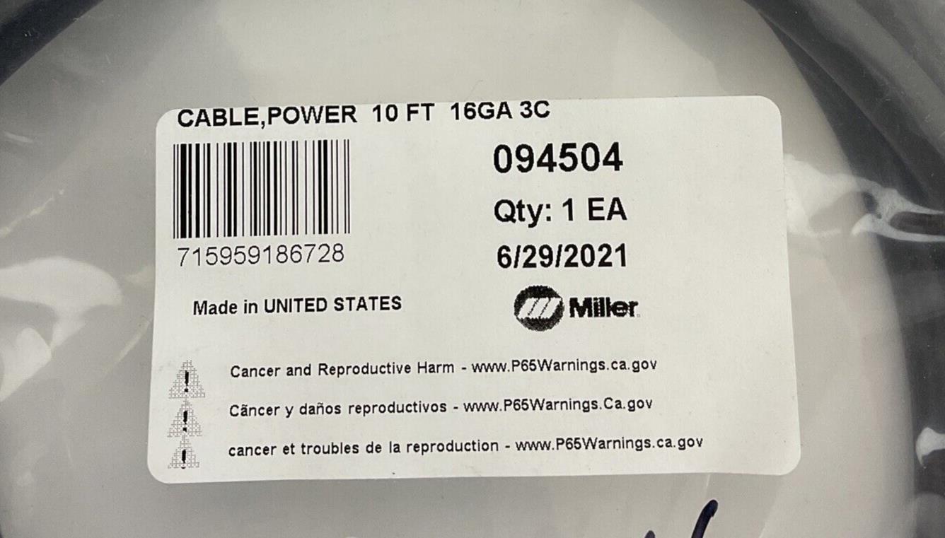MILLER 094504 POWER CABLE 10FT 16GA 3C