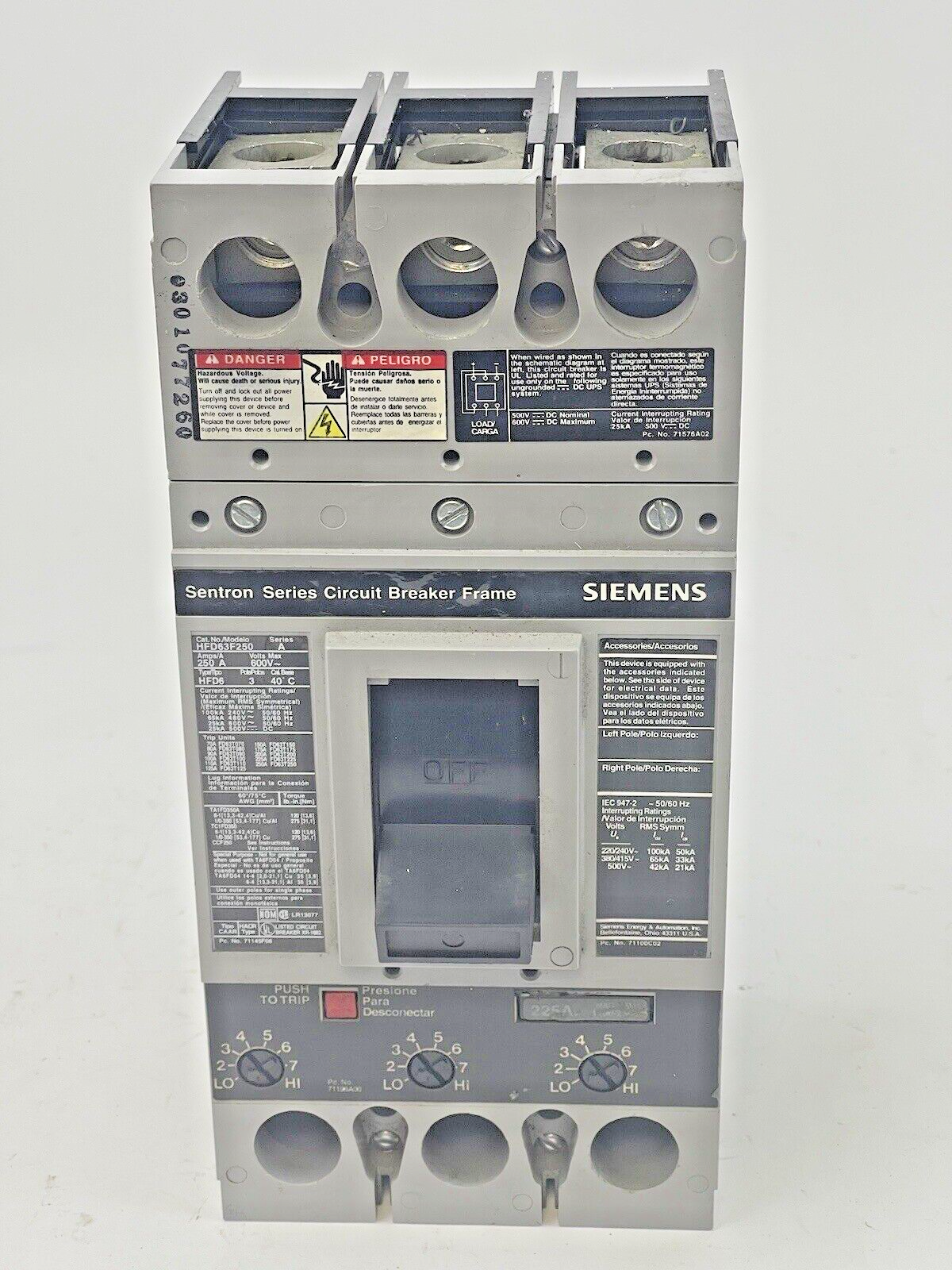 SIEMENS - HFD63F250 SER. A - 250A SENTRON SERIES CIRCUIT BREAKER WITH 225A TRIP