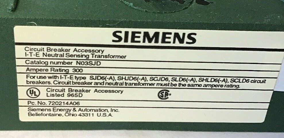 SIEMENS N03SJD NEUTRAL SENSING TRANSFORMER 600VAC 300AMPS