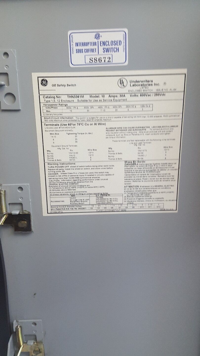 GENERAL ELECTRIC THN3361M, SAFETY SWITCH, 30A, 600VAC, 250V 1, 5, 12 ENCLOSURE