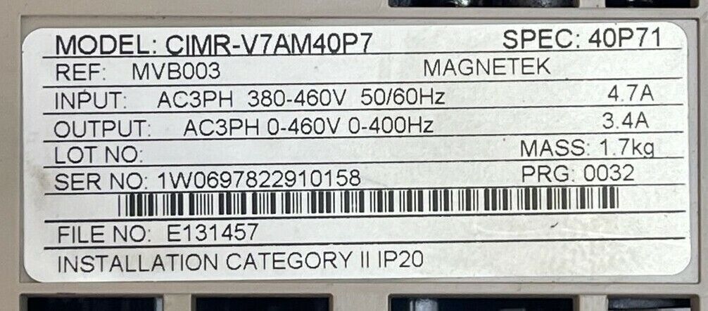 MORRIS CIMR-V7AM40P7 INVERTER OUTPUT 0-460V 3.4A INPUT 380-480V 4.7A