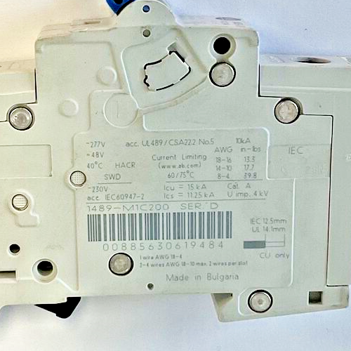 ALLEN BRADLEY 1489-M1C200 CIRCUIT BREAKER SER.D 20A 480Y/277V 10KA 50/60HZ 1POLE