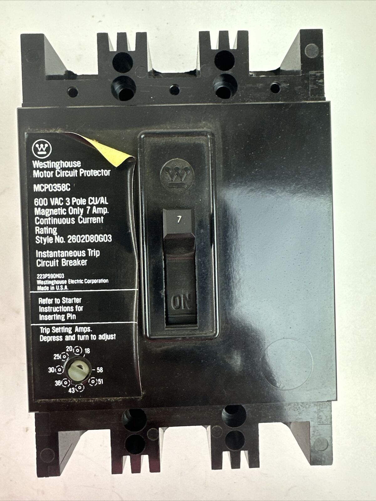WESTINGHOUSE MCP0358C MOTOR CIRCUIT PROTECTOR 3P 7A 600VAC TRIP RANGE 18-58