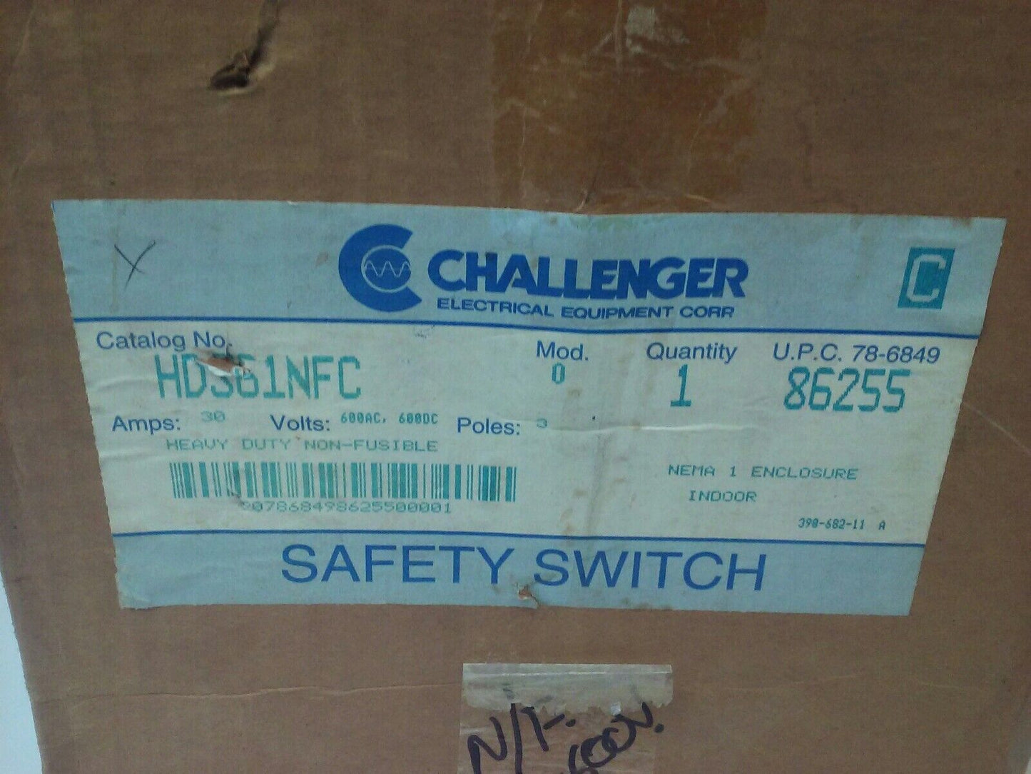 CHALLENGER HD361NFC MODEL 0 SAFETY SWITCH 3P 30A 600VAC 20HP NON-FUSIBLE NEMA 1