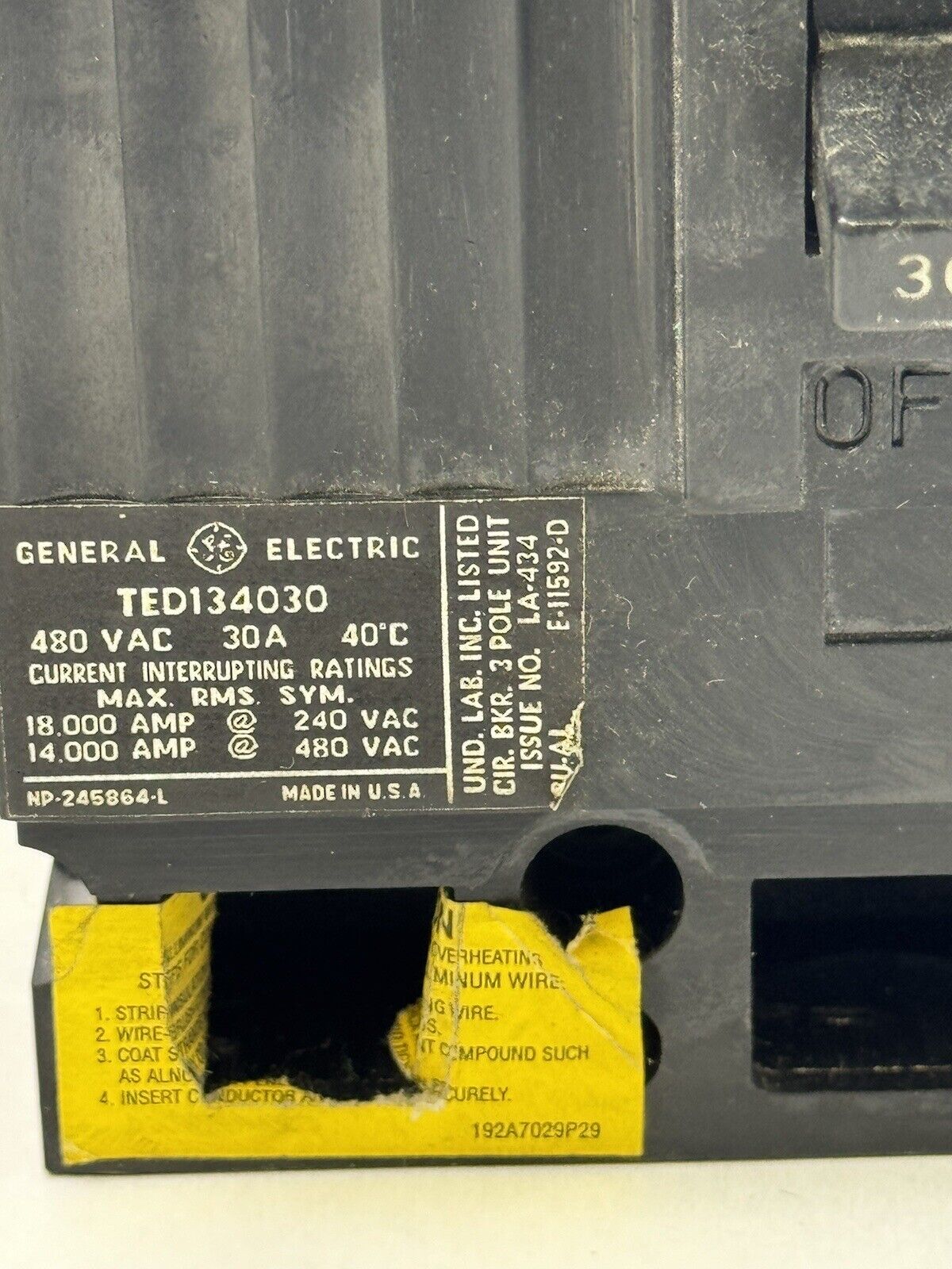GE - TED134030 - INDUSTRIAL CIRCUIT BREAKER - 3 POLE/480 VAC/30A