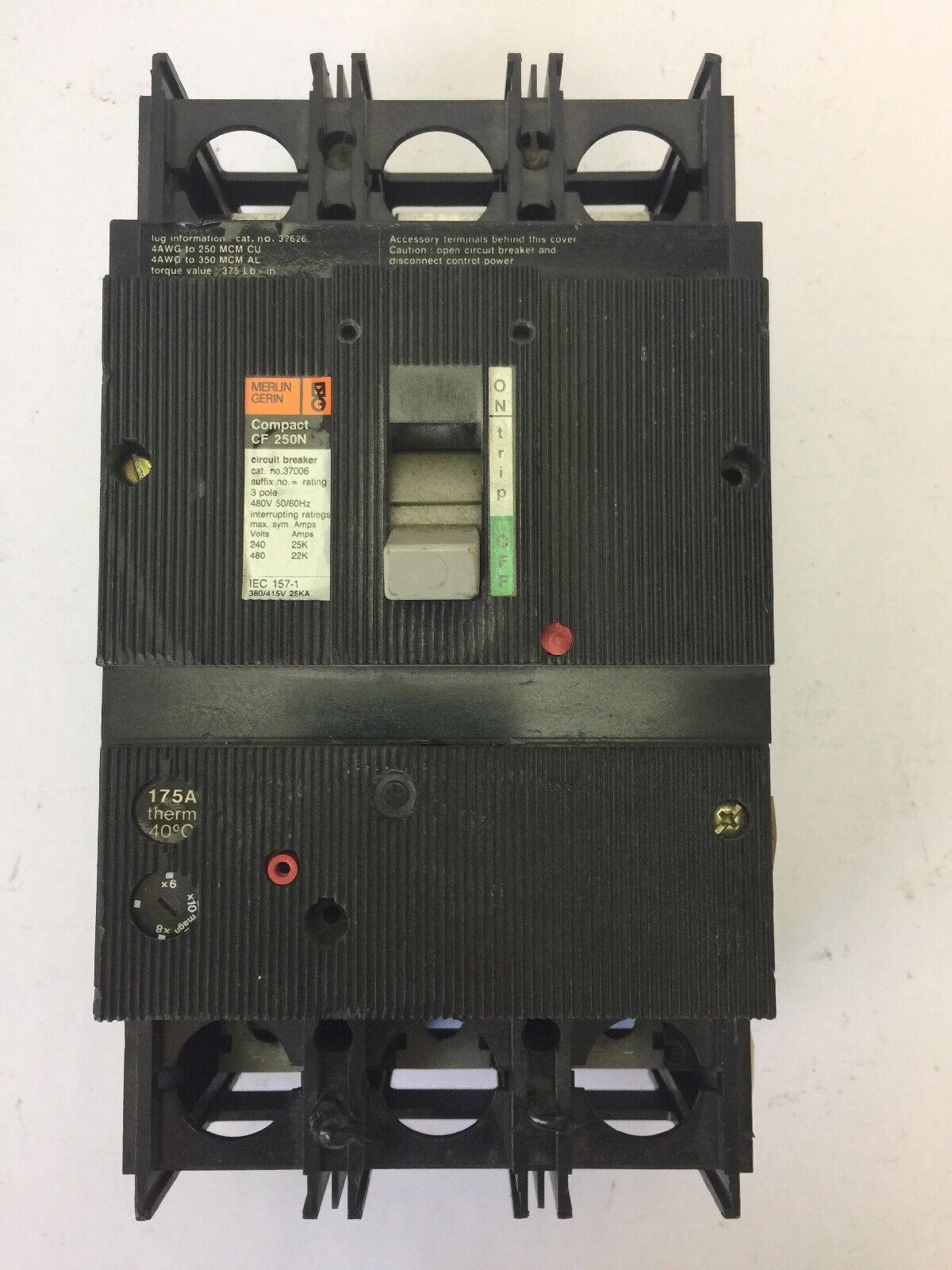 MERLIN GERIN 37006 CIRCUIT BREAKER COMPACT CF250N 480V 60HZ 3 POLE 175A NO TRIP