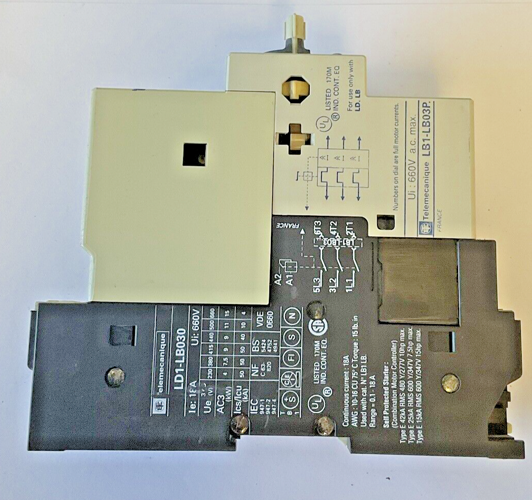 TELEMECANIQUE LB1-LB03P10 MOTOR STARTER W/ LD1-LB030 , LA1-LB017 660VAC