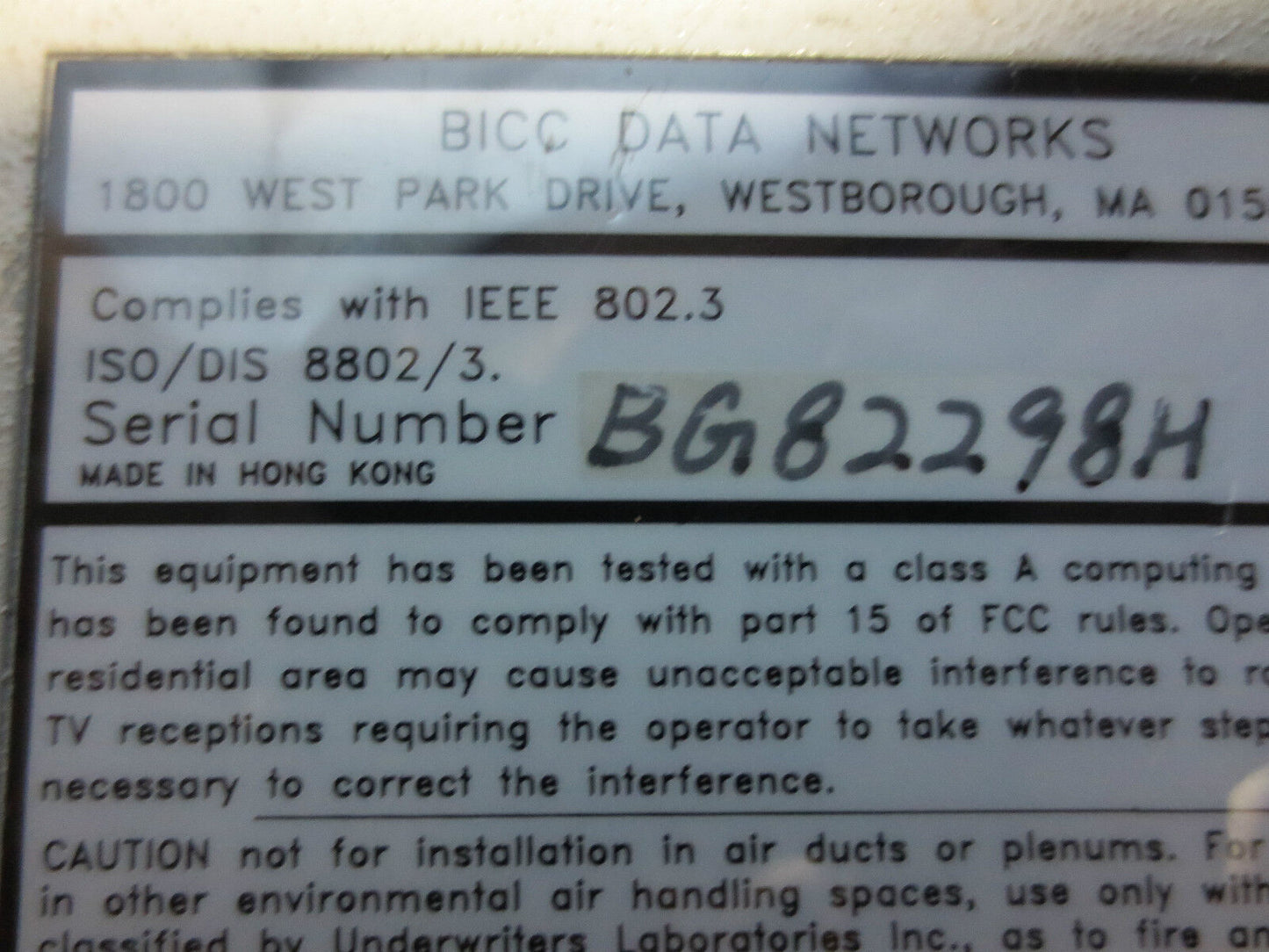 BICC DATA NETWORKS 1114 IEEE802-3 TRANSCEIVER 10Mbps