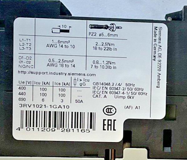 SIEMENS 3RV1021-1GA10 COMBINATION MOTOR CONTROL 4.5-6.3A