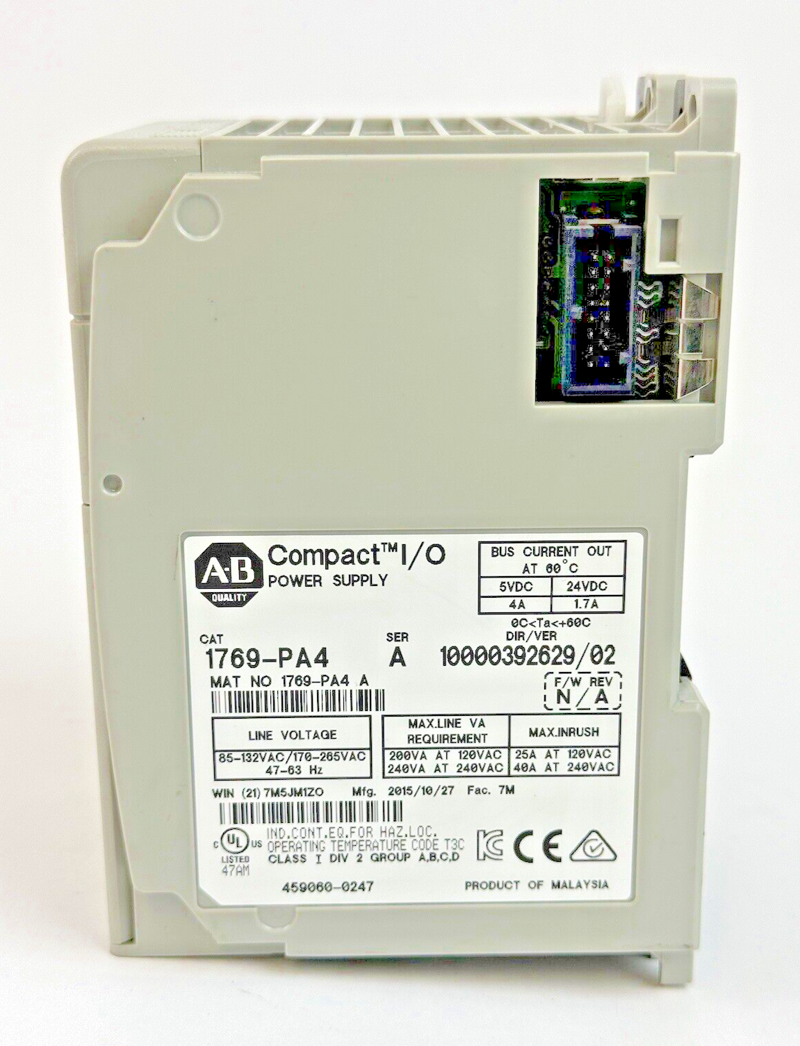 ALLEN-BRADLEY - 1769-PA4 SER. A, F/W REV. N/A, DIR/VER 10000392629/02 - PWR SPLY