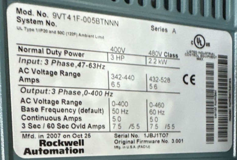 ROCKWELL AUTOMATION VTAC 9 HVAC DRIVE 9V241HRNB30 S7-640A-V9-2 460VAC 2HP 3PH