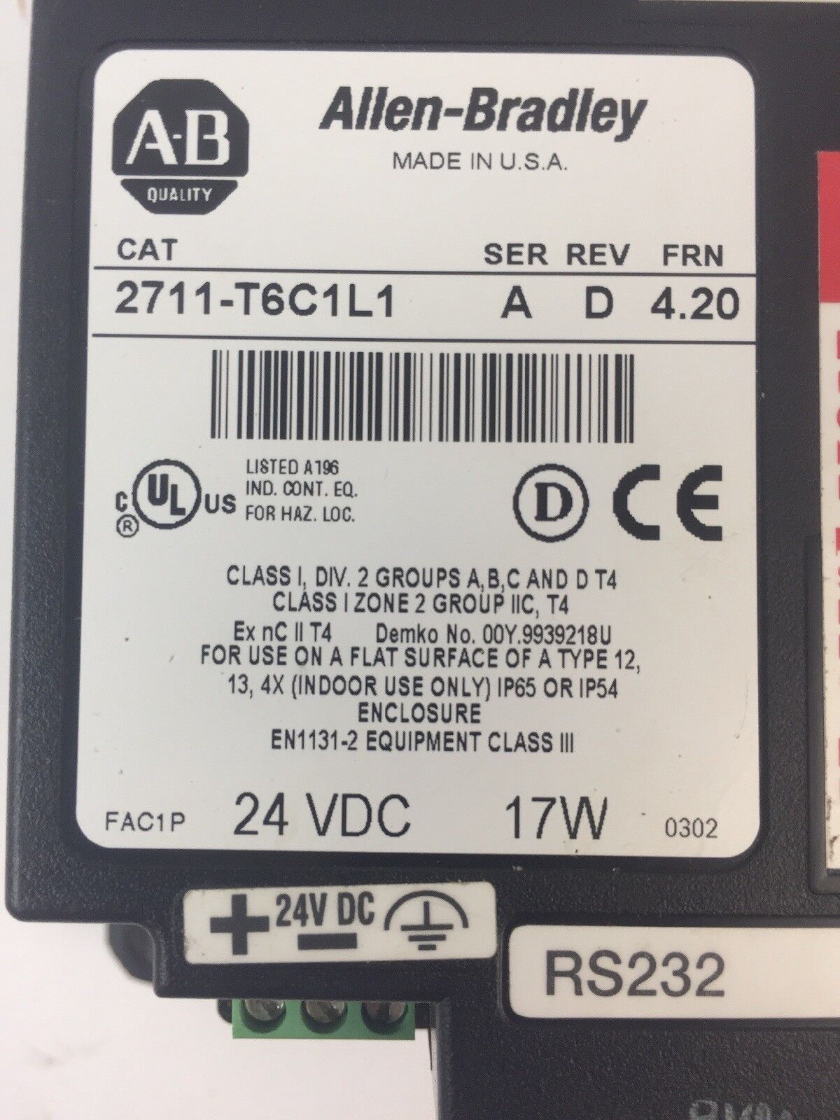 ALLEN BRADLEY 2711-T6C1L1 PANEL VIEW 600 TOUCHSCREEN SER A REV D FRN 4.20 24VDC