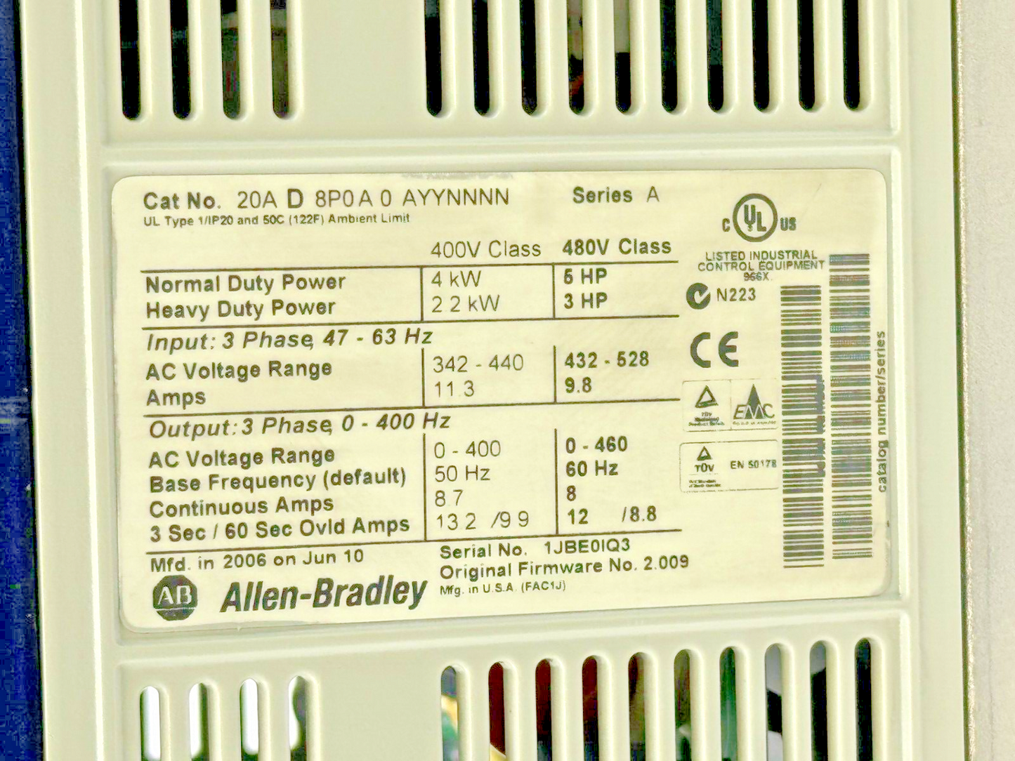 ALLEN-BRADLEY - 20AD8P0A0AYYNNNN SER. A - POWERFLEX 70 -480 VAC/3 PHASE-SEE COND