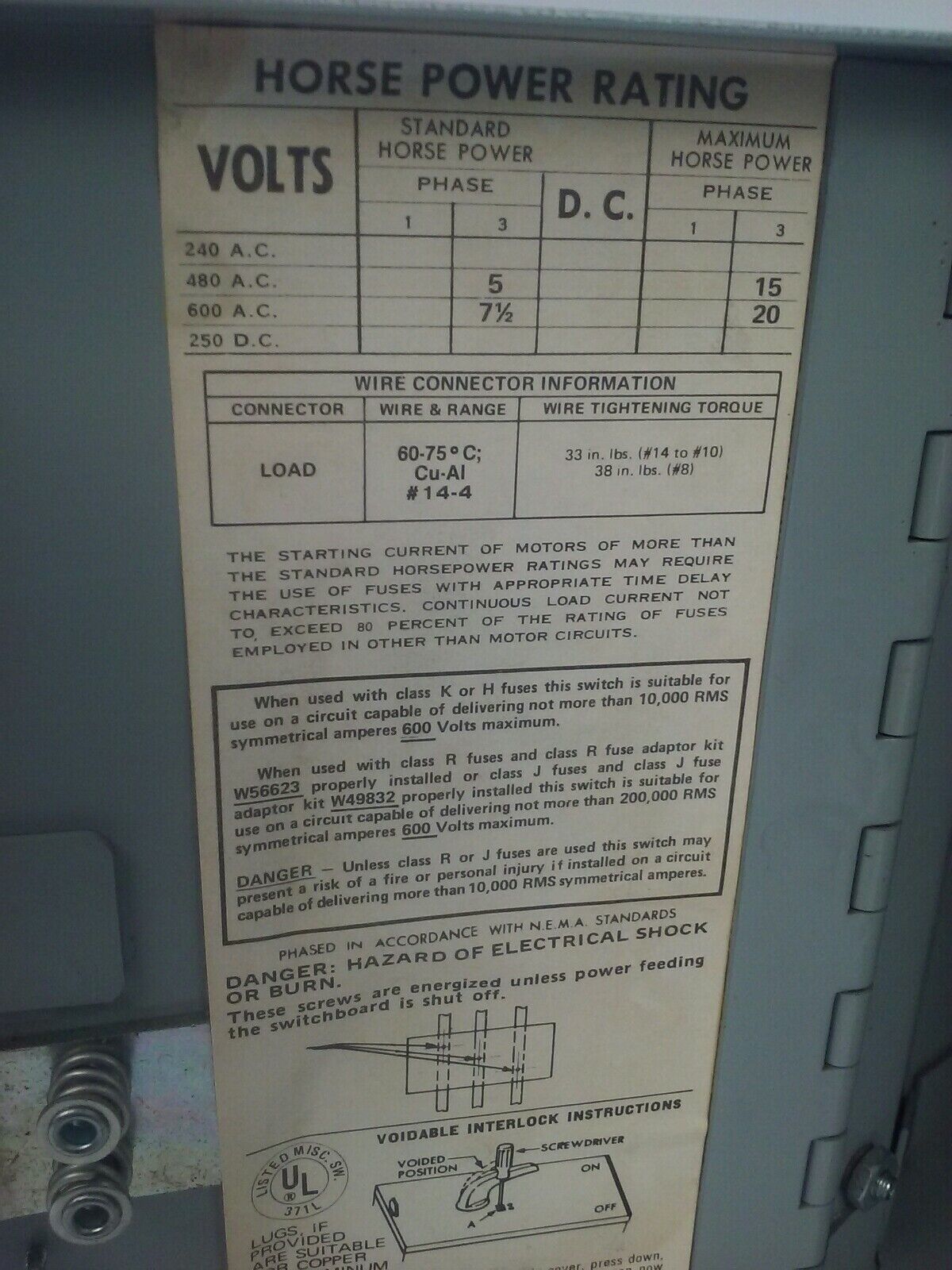 ITE V7E3611R TWIN FUSIBLE VACU BREAK PANELBOARD SWITCH 600V 30A 20HP 3P 3PH