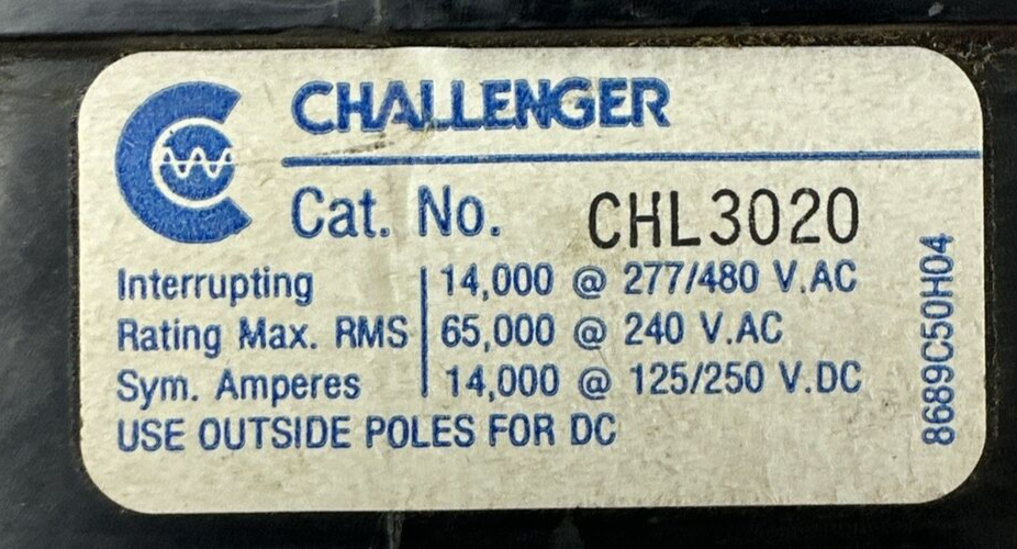 CHALLENGER CHL3020 20AMP 277/480VAC 240VAC 125/250VDC 3POLE CIRCUIT BREAKER